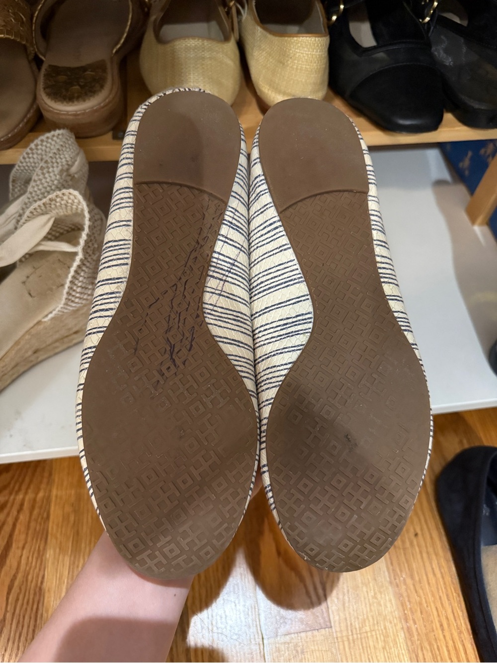 Tory Burch Cream and Navy Striped Logo Ballet Flats - Picture 3 of 4